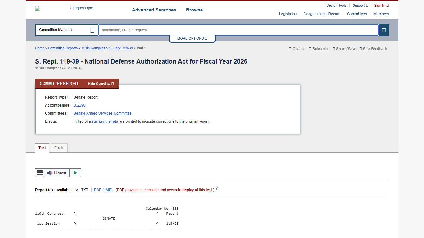 S. Rept. 119-39 - National Defense Authorization Act for Fiscal Year 2026 Congress.gov Library of Congress